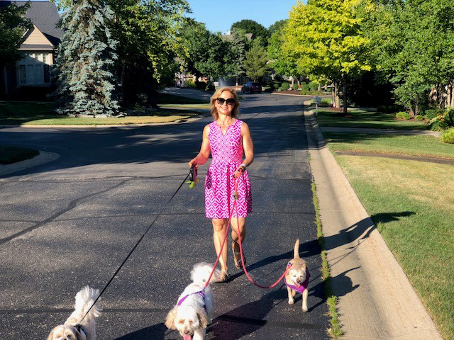 Karen Schmidt walking her dogs