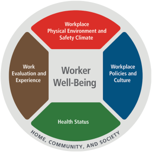 circle with Worker Well-Being in the center, surrounded by four sections: Workplace Physical Environment and Safety Climate, Work Evaluation and Experience, Workplace Policies and Culture, Health Status. around the outside of the circle is HOME, COMMUNITY, AND SOCIETY.